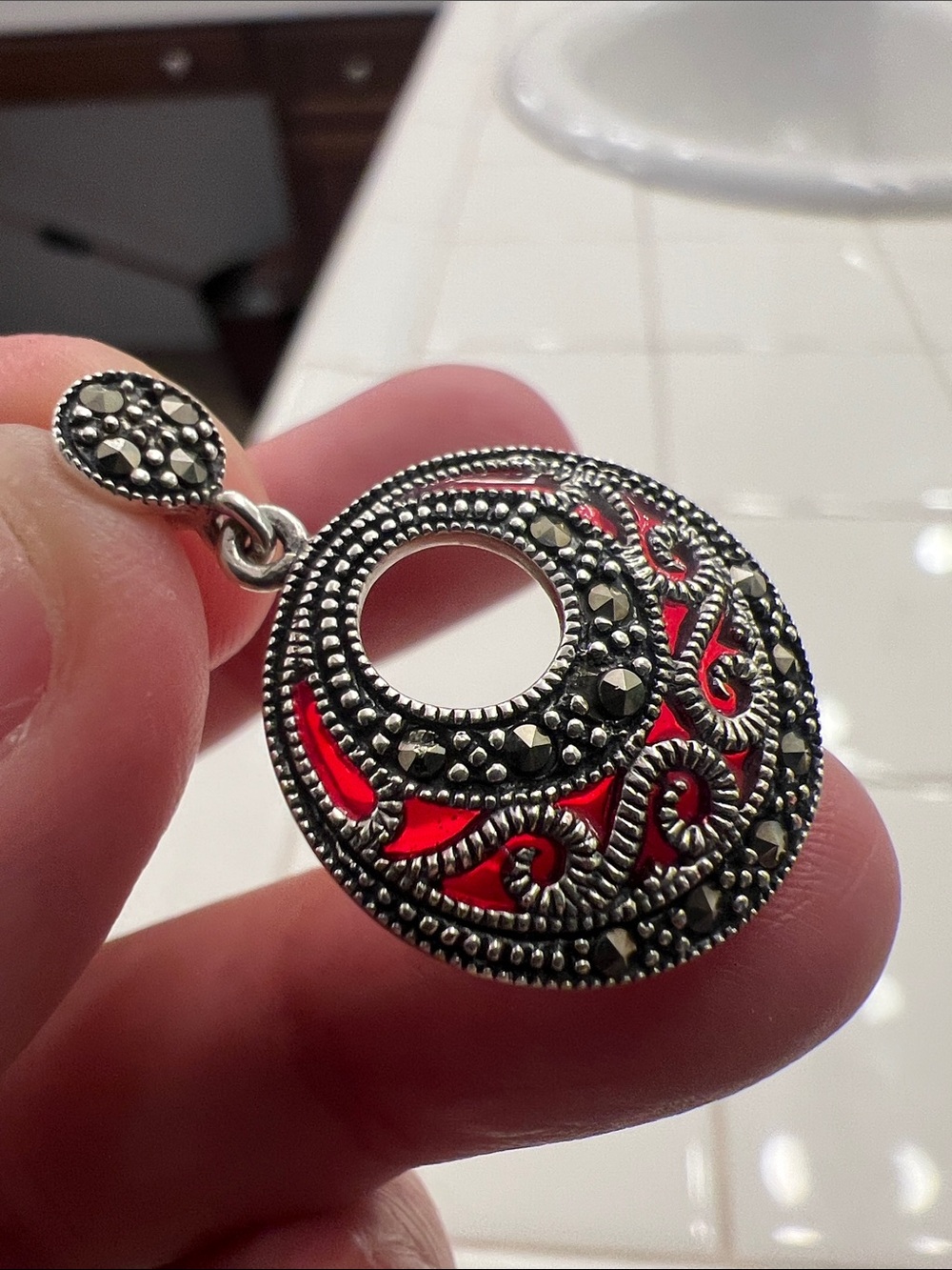 Vintage Sterling Silver Marcasite Filigree Circle Pendant